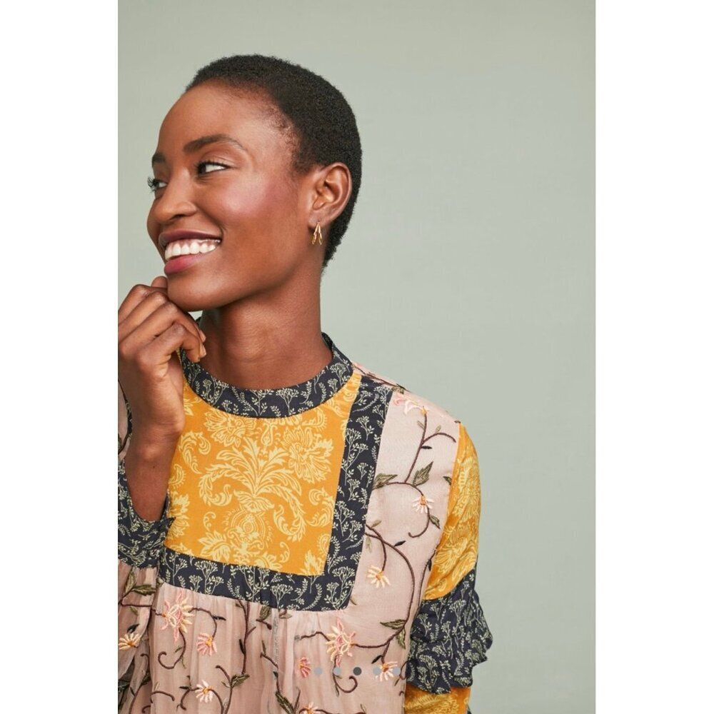 Anthropologie Let Me Be Love Actually Patchwork Silk Blouse - Picture 4 of 10